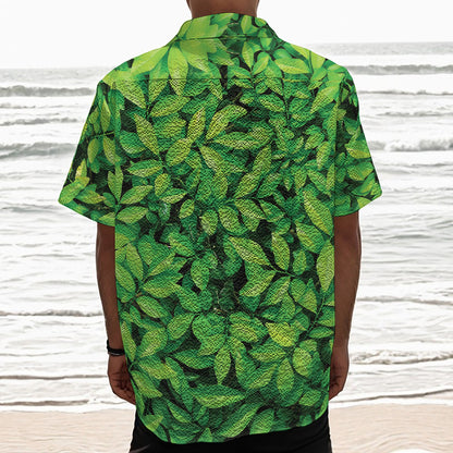 Green Leaf Print Textured Short Sleeve Shirt