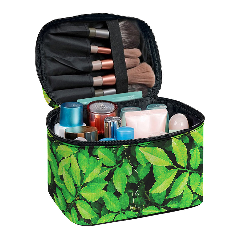Green Leaf Print Travel Makeup Bag