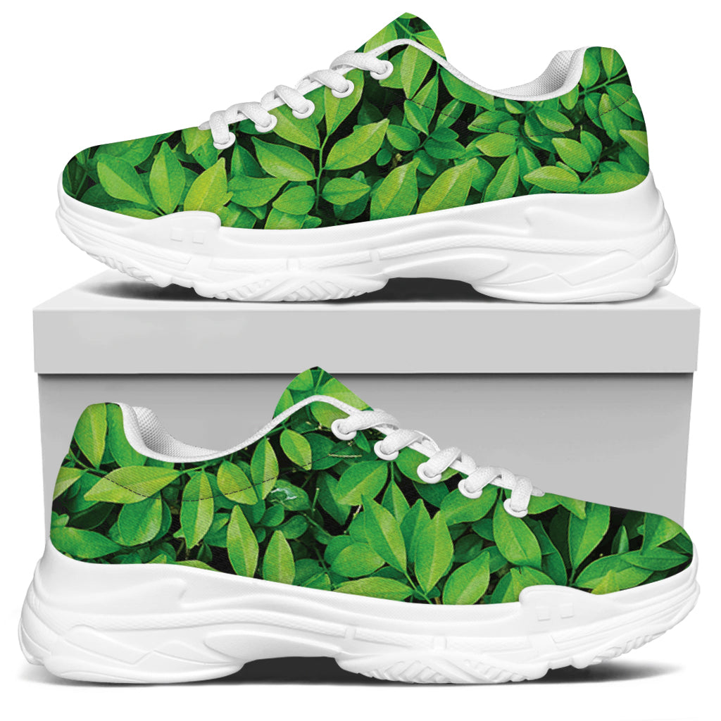 Green Leaf Print White Chunky Shoes