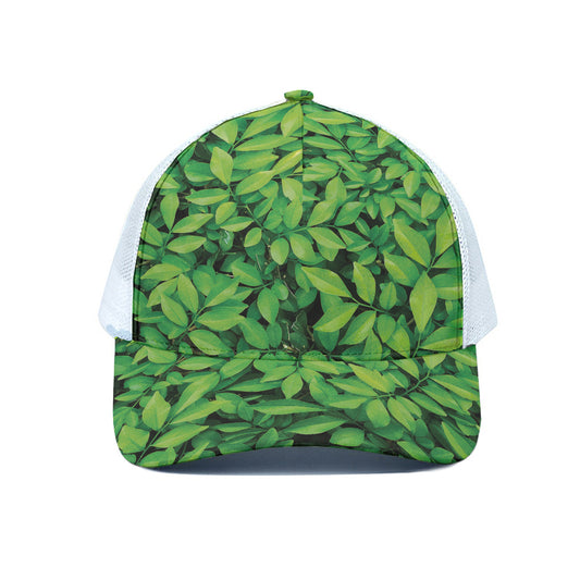 Green Leaf Print White Mesh Trucker Cap