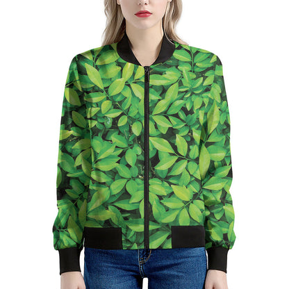 Green Leaf Print Women's Bomber Jacket