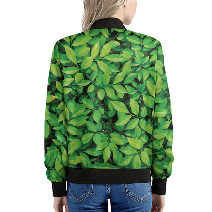 Green Leaf Print Women's Bomber Jacket