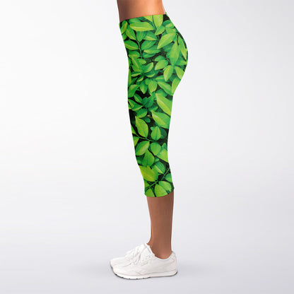 Green Leaf Print Women's Capri Leggings
