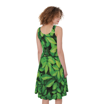 Green Leaf Print Women's Sleeveless Dress