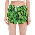Green Leaf Print Women's Split Running Shorts