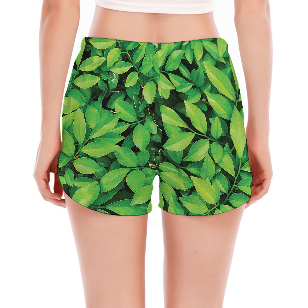 Green Leaf Print Women's Split Running Shorts