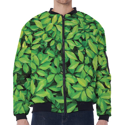 Green Leaf Print Zip Sleeve Bomber Jacket