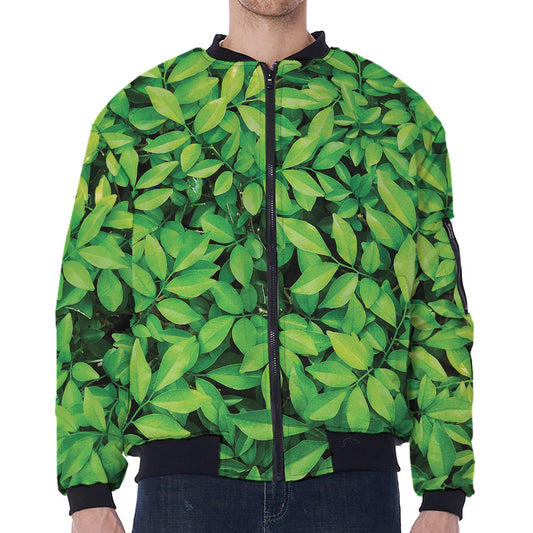 Green Leaf Print Zip Sleeve Bomber Jacket