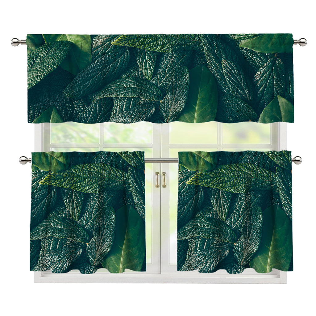 Green Leaves Print 3 Piece Kitchen Curtains