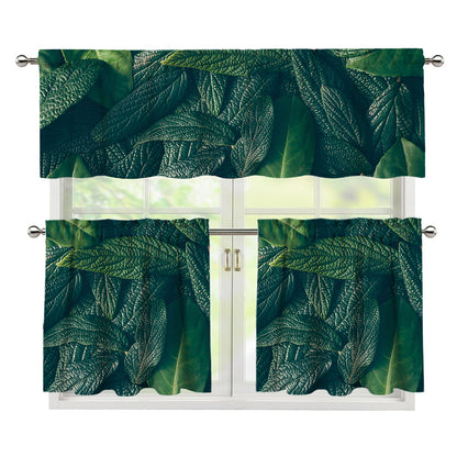 Green Leaves Print 3 Piece Kitchen Curtains