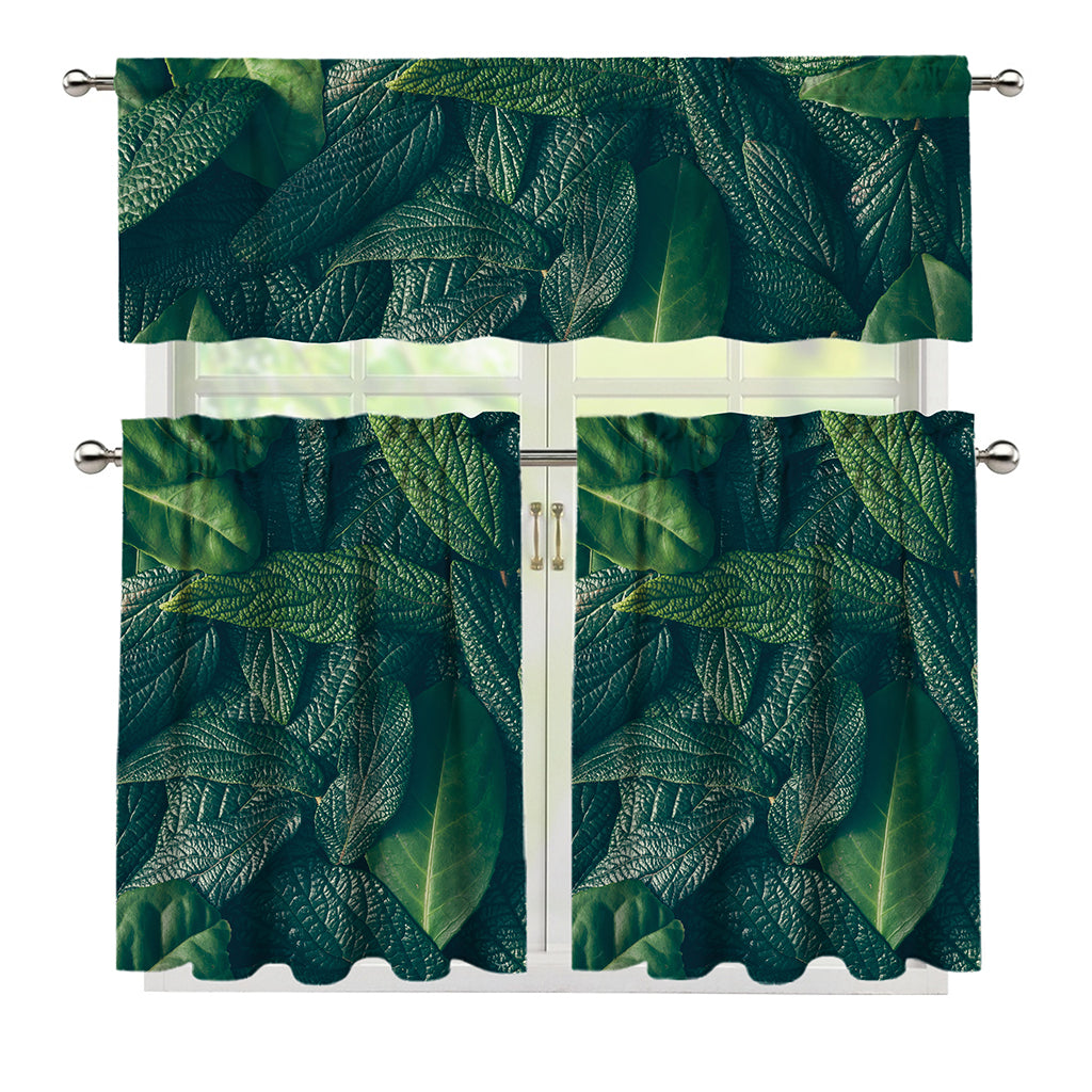 Green Leaves Print 3 Piece Kitchen Curtains
