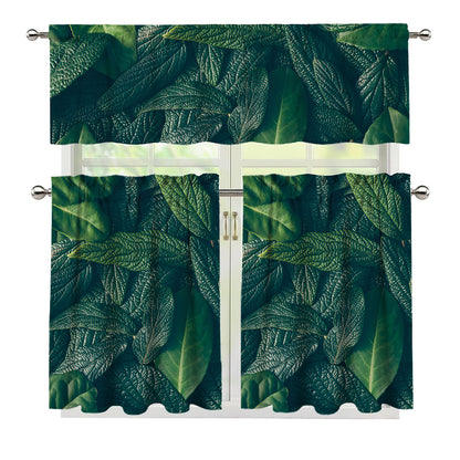 Green Leaves Print 3 Piece Kitchen Curtains
