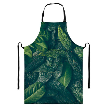 Green Leaves Print Bib Apron With Pocket