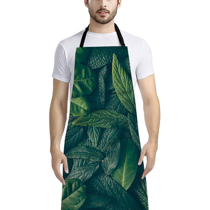 Green Leaves Print Bib Apron With Pocket