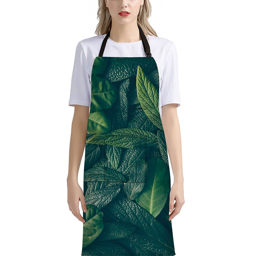 Green Leaves Print Bib Apron With Pocket