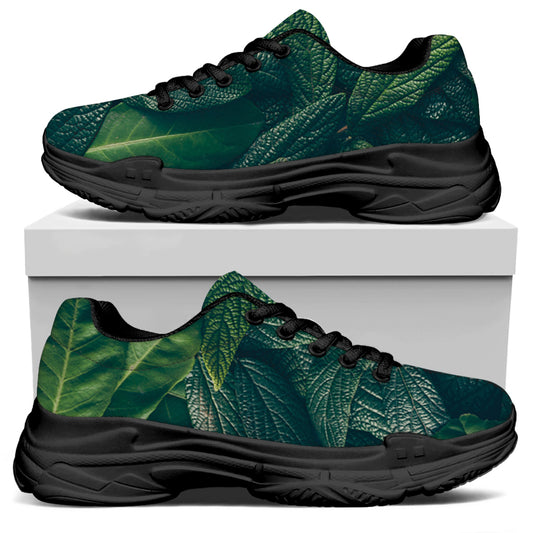 Green Leaves Print Black Chunky Shoes