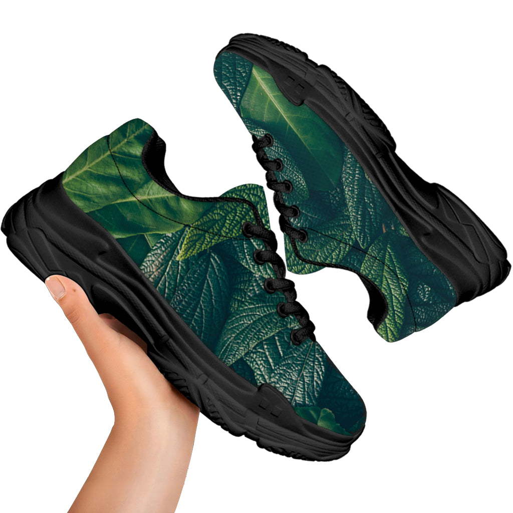 Green Leaves Print Black Chunky Shoes
