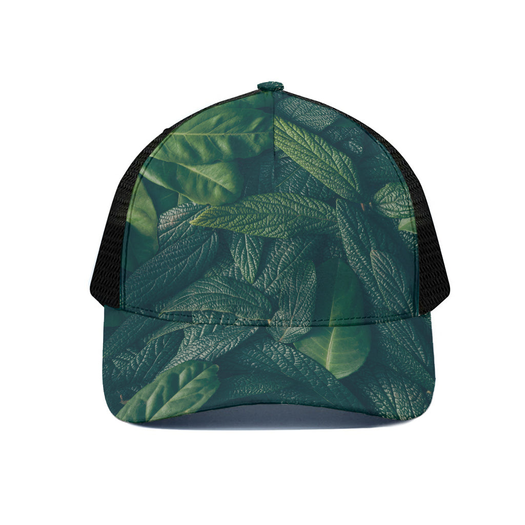Green Leaves Print Black Mesh Trucker Cap