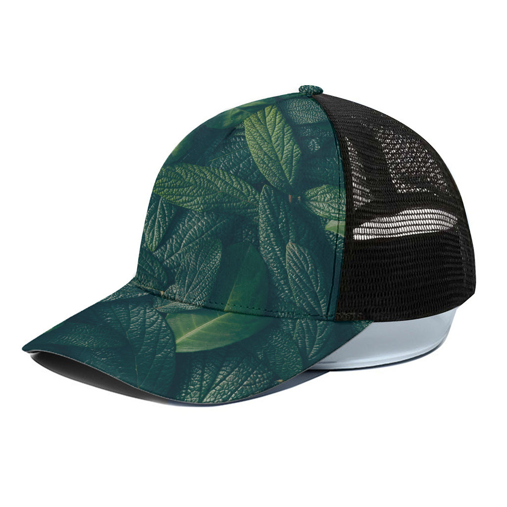 Green Leaves Print Black Mesh Trucker Cap