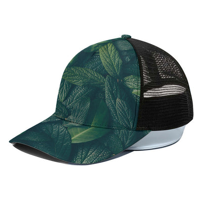 Green Leaves Print Black Mesh Trucker Cap