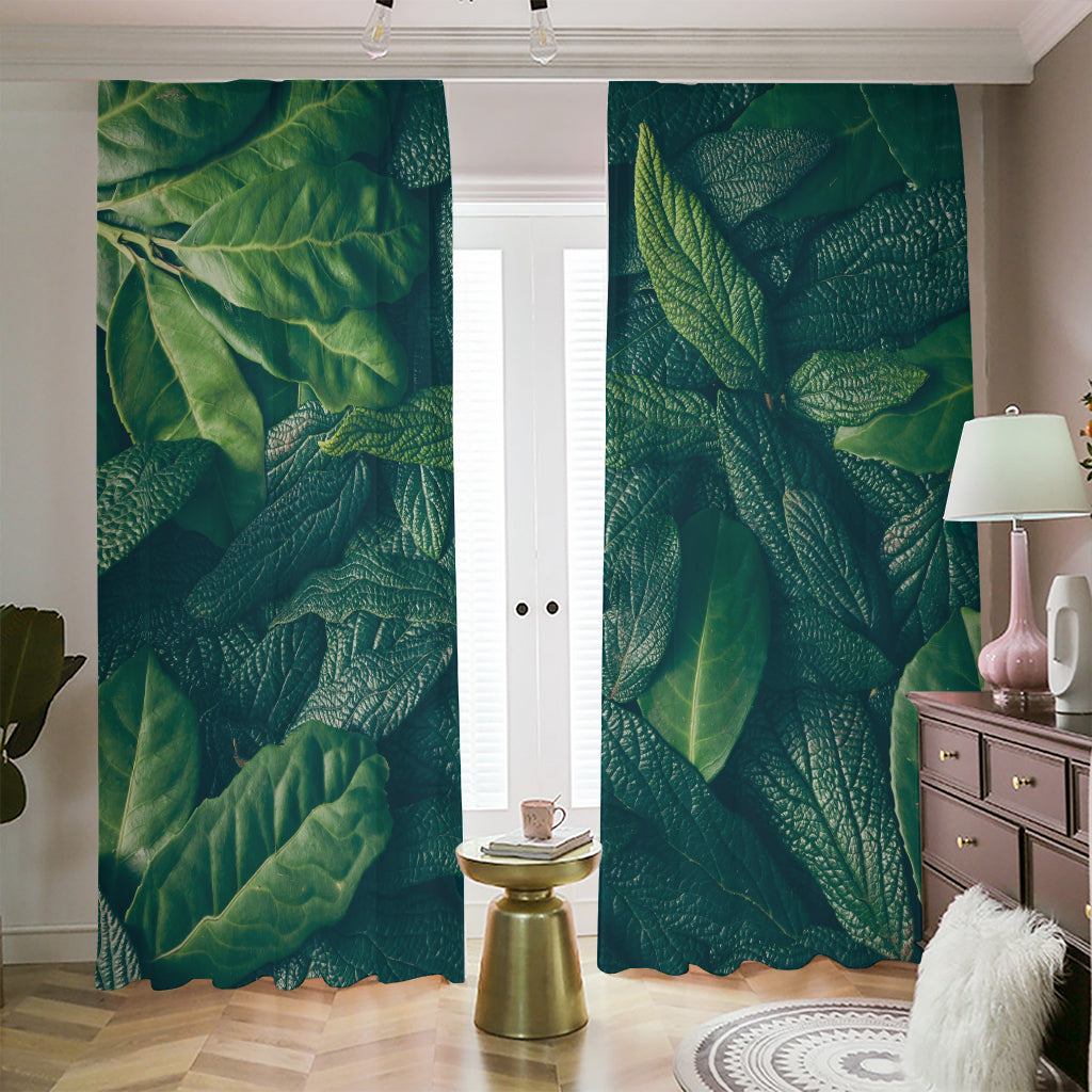 Green Leaves Print Blackout Pencil Pleat Curtains