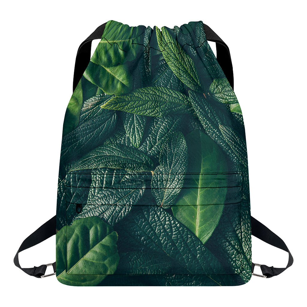 Green Leaves Print Drawstring Backpack