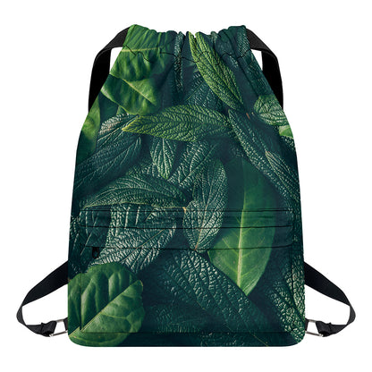 Green Leaves Print Drawstring Backpack