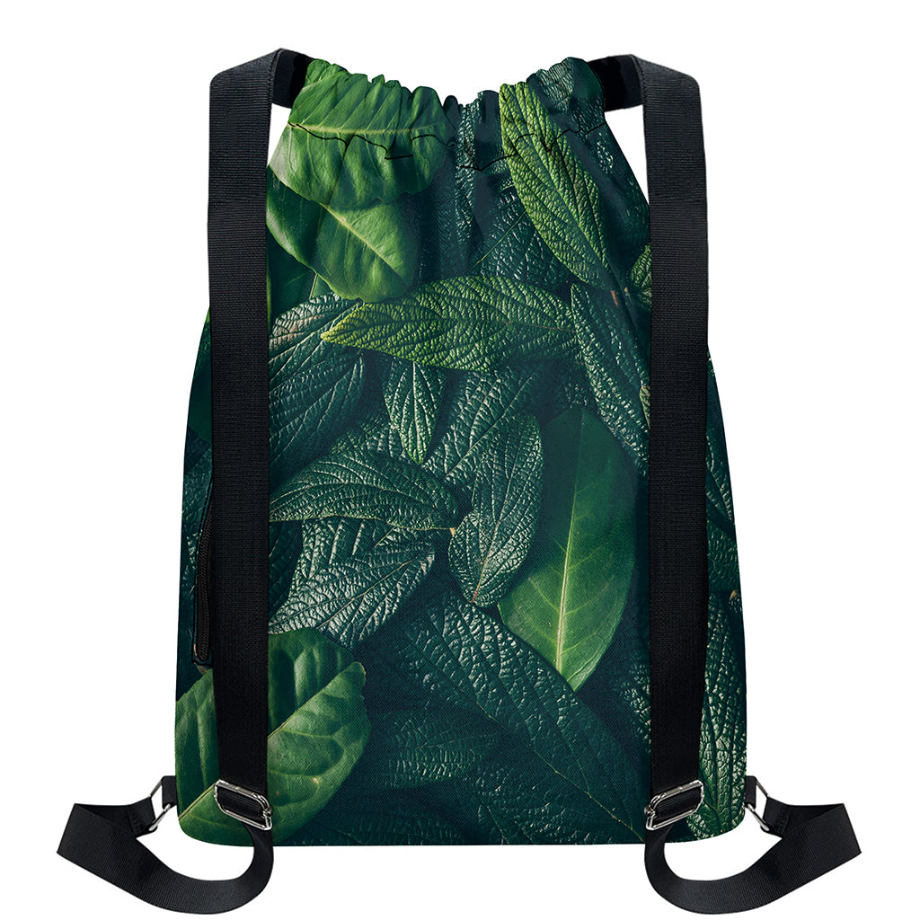 Green Leaves Print Drawstring Backpack