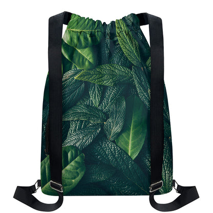 Green Leaves Print Drawstring Backpack