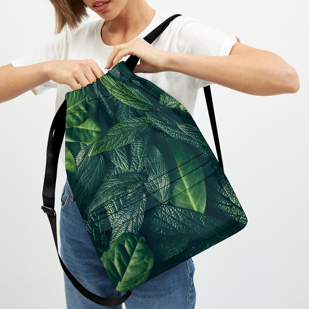 Green Leaves Print Drawstring Backpack