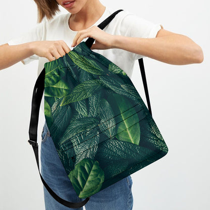 Green Leaves Print Drawstring Backpack