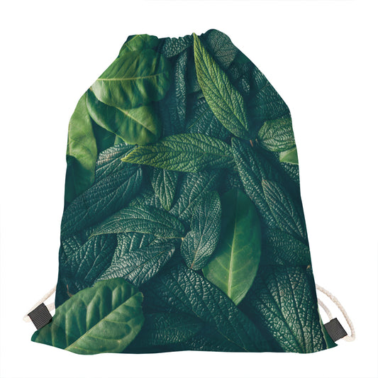 Green Leaves Print Drawstring Bag