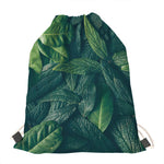 Green Leaves Print Drawstring Bag