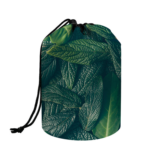 Green Leaves Print Drawstring Makeup Bag