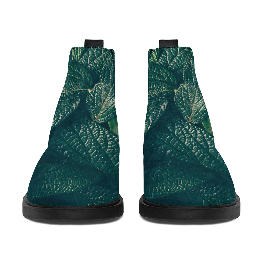Green Leaves Print Flat Ankle Boots