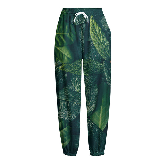 Green Leaves Print Fleece Lined Knit Pants