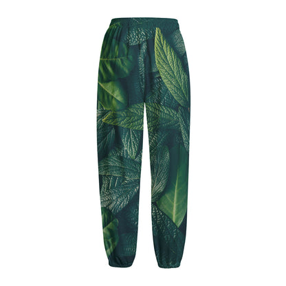Green Leaves Print Fleece Lined Knit Pants