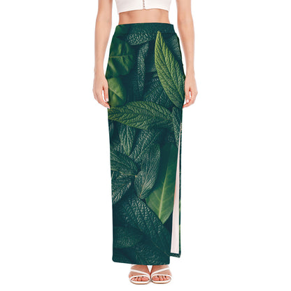 Green Leaves Print High Slit Maxi Skirt
