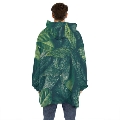 Green Leaves Print Hoodie Blanket