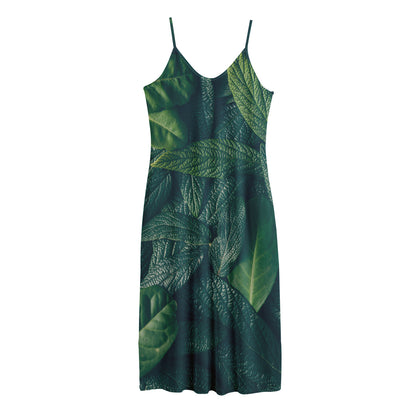 Green Leaves Print Jersey Midi Cami Dress
