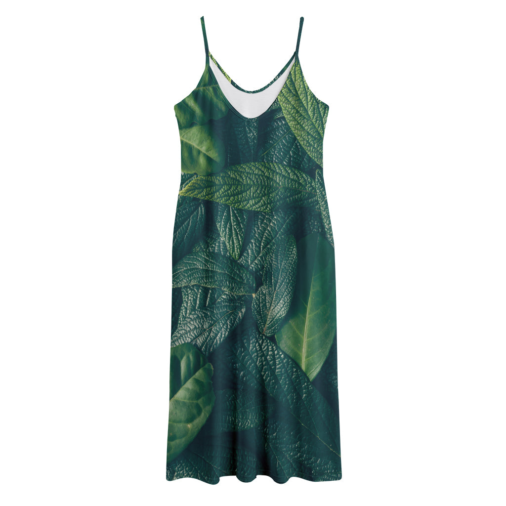Green Leaves Print Jersey Midi Cami Dress