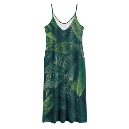 Green Leaves Print Jersey Midi Cami Dress