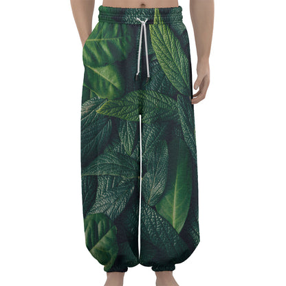 Green Leaves Print Lantern Pants