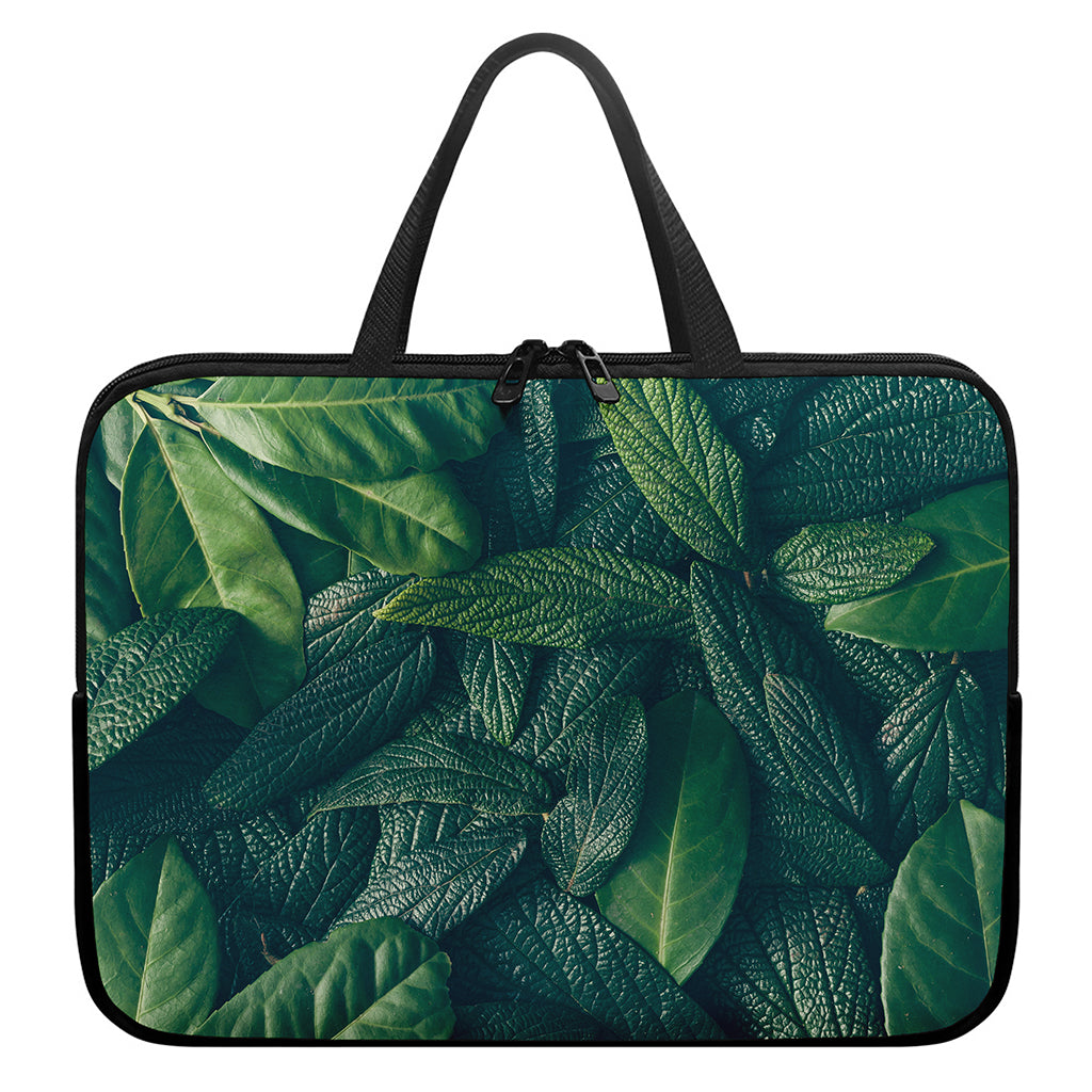 Green Leaves Print Laptop Sleeve With Handle