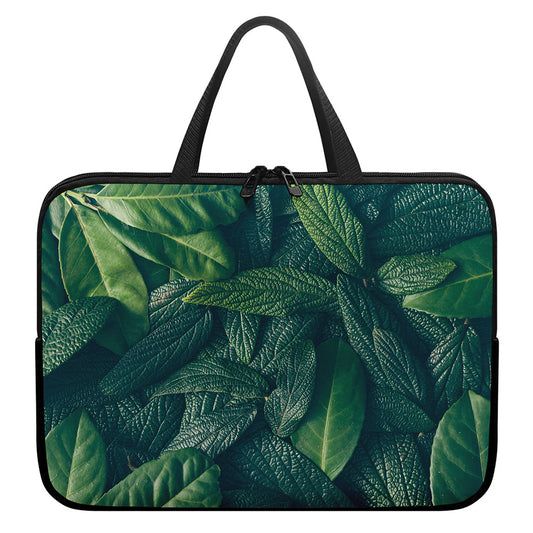 Green Leaves Print Laptop Sleeve With Handle