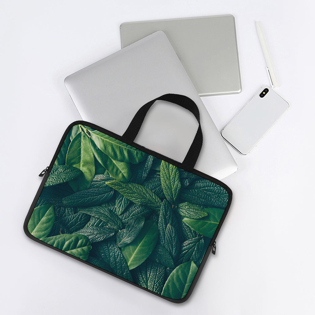 Green Leaves Print Laptop Sleeve With Handle