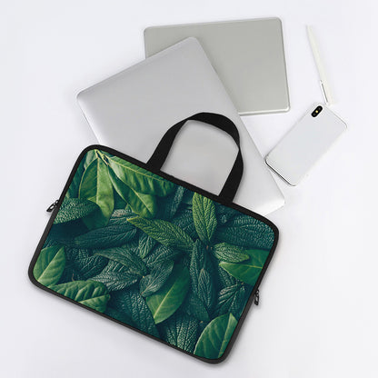 Green Leaves Print Laptop Sleeve With Handle