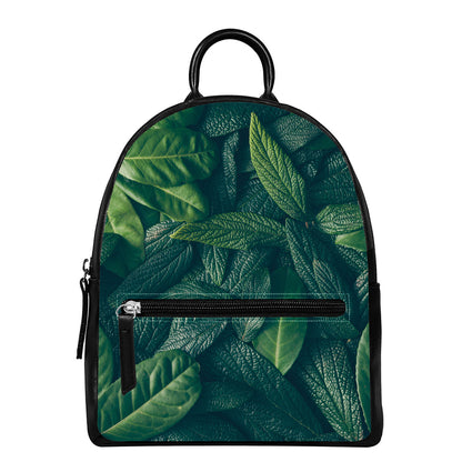 Green Leaves Print Leather Backpack