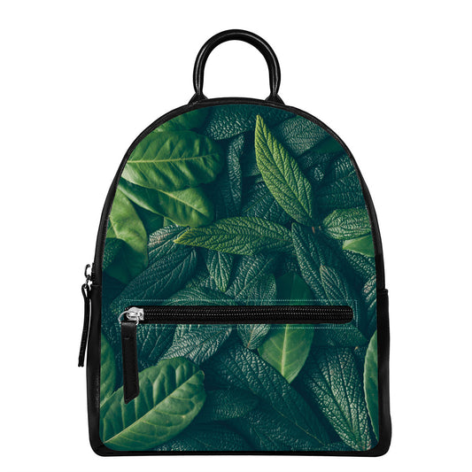 Green Leaves Print Leather Backpack