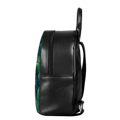Green Leaves Print Leather Backpack